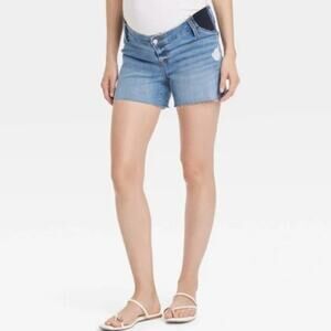 Isabel Denim Distressed 4" Shorts Maternity Midi Expandable Side Panel SZ 14 NWT